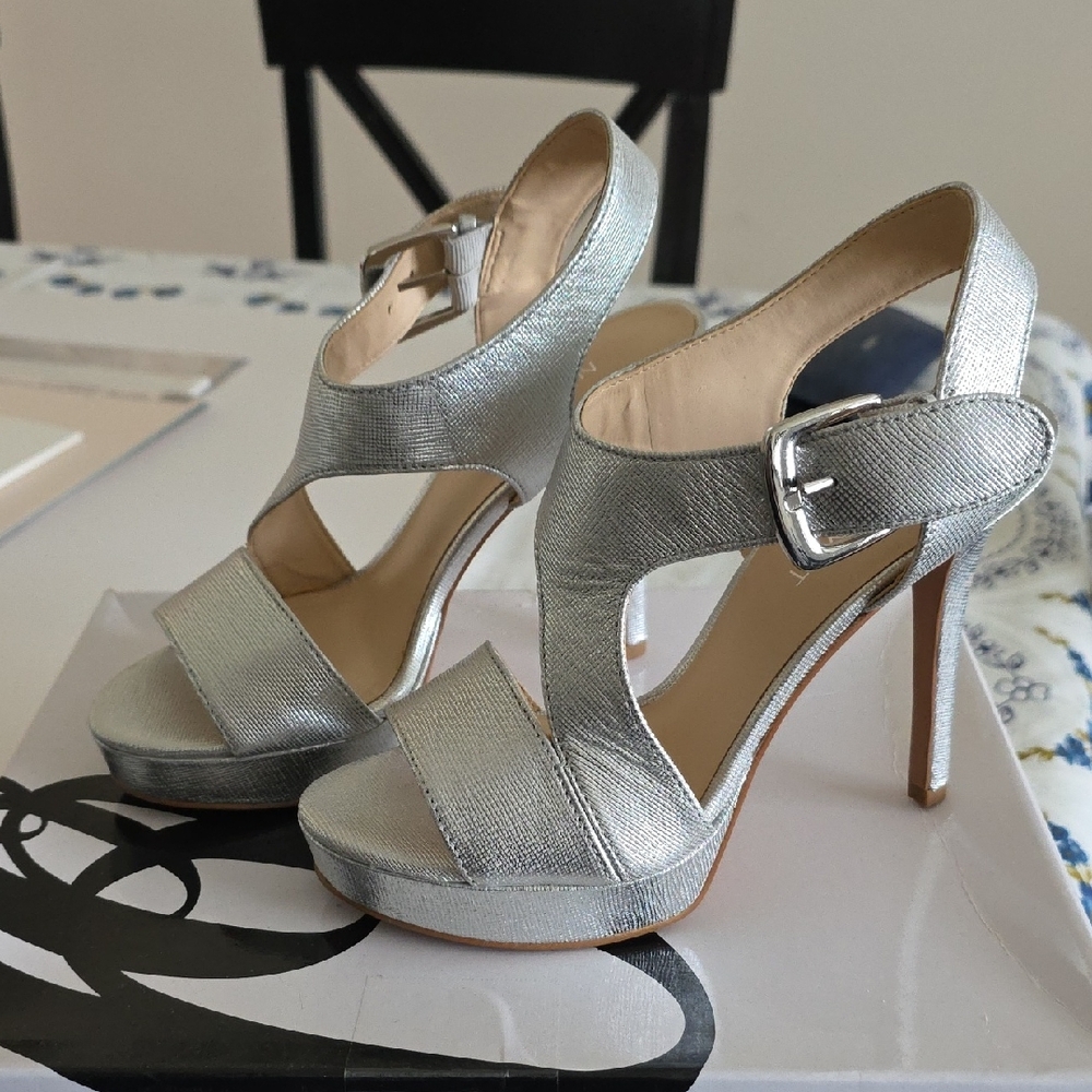 Nine West Metallic Silver Strappy Platform Heels with Buckle